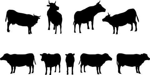 A black silhouette of a cow in a side view, showcasing its distinct body shape, horns, and tail. Ideal for logos, icons, or design elements related to farming, livestock, and agriculture.