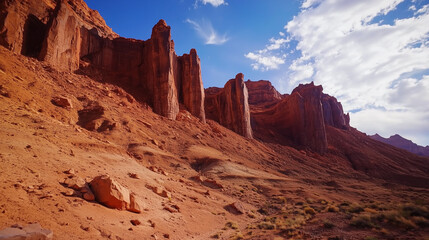 Fototapeta premium A barren rocky desert with jagged cliffs and red-orange hues