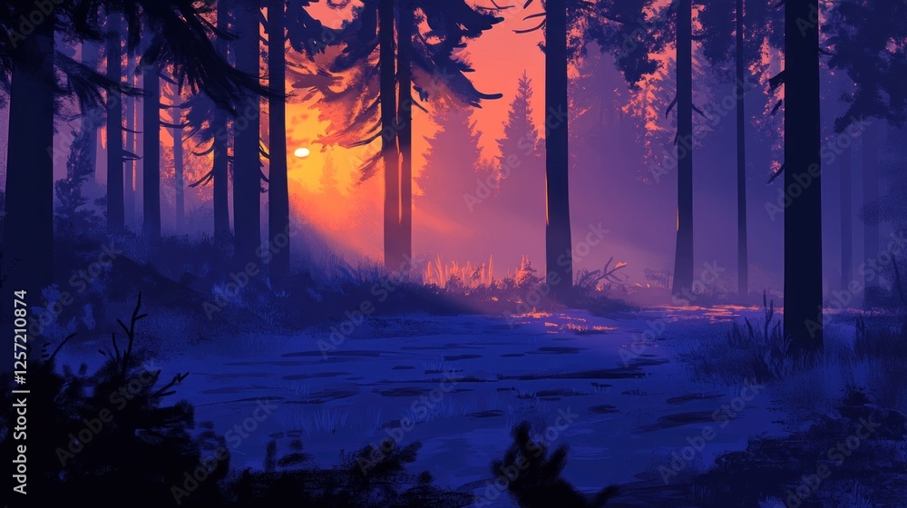 Poster sun shines through the trees in a beautiful forest