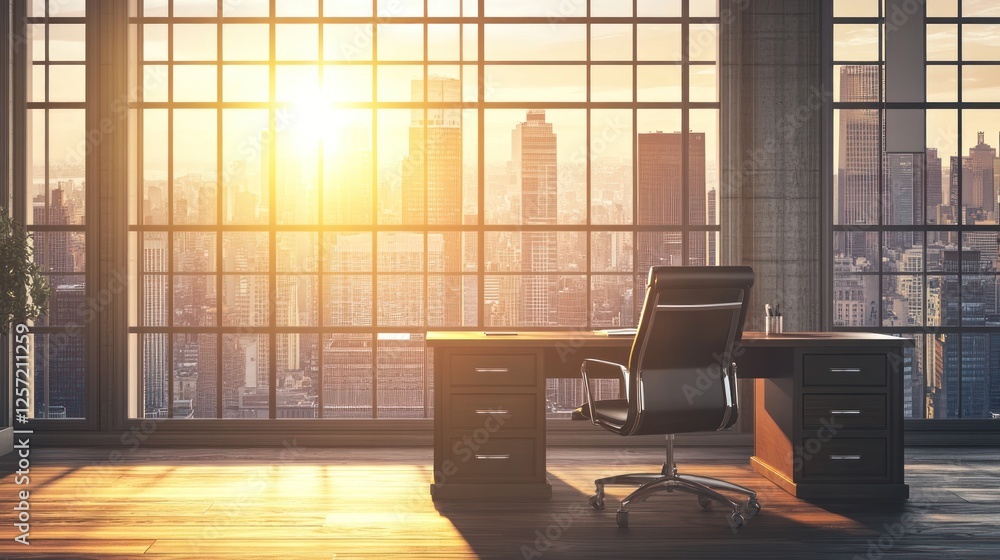 Poster luxurious office suite features a large window with a cityscape