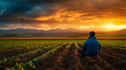 A young boy enjoying a sunset in a agricultural field.