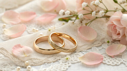 Elegant Wedding Bliss: Gold Rings, Soft Florals, and a Touch of Light"