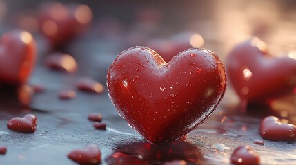 Fototapeta premium Wet red hearts sunrise romantic background Valentine's