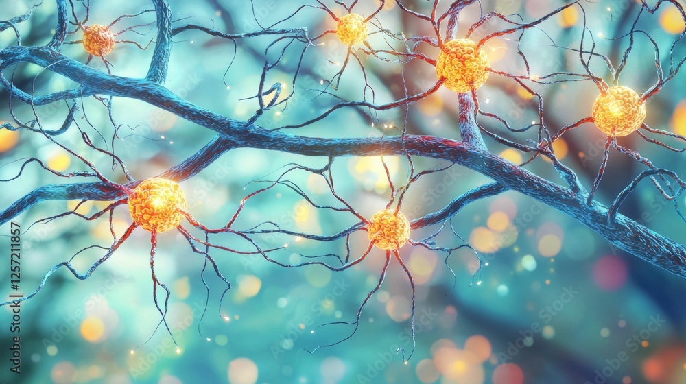 Poster vibrant abstract neural network illustration with glowing neurons on a soft colorful background