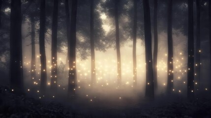 Fototapeta premium A forest background image showcasing A mystical forest with tall trees, misty air, and glowing fireflies creating an ethereal atmosphere