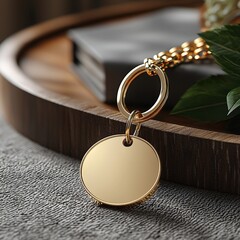 Mockup Gleaming Gold Keychain Resting on Rustic Wooden Table Surrounded by Natural Warm Tones Creating a Cozy and Inviting Atmosphere for Photography Valentine"s Day