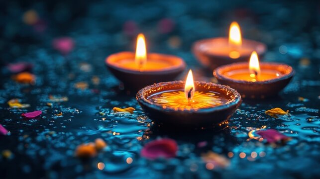 Illuminated clay lamps floating on water with flower petals, creating a serene atmosphere at dusk - Powered by Adobe