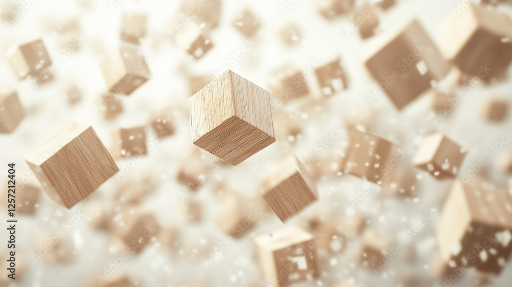 Poster floating wooden cubes: a mesmerizing abstract image featuring countless wooden cubes, suspended in m