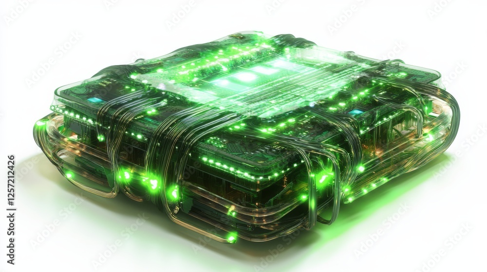 Poster a futuristic microchip with wires and green glowing lights in high resolution on a white background 