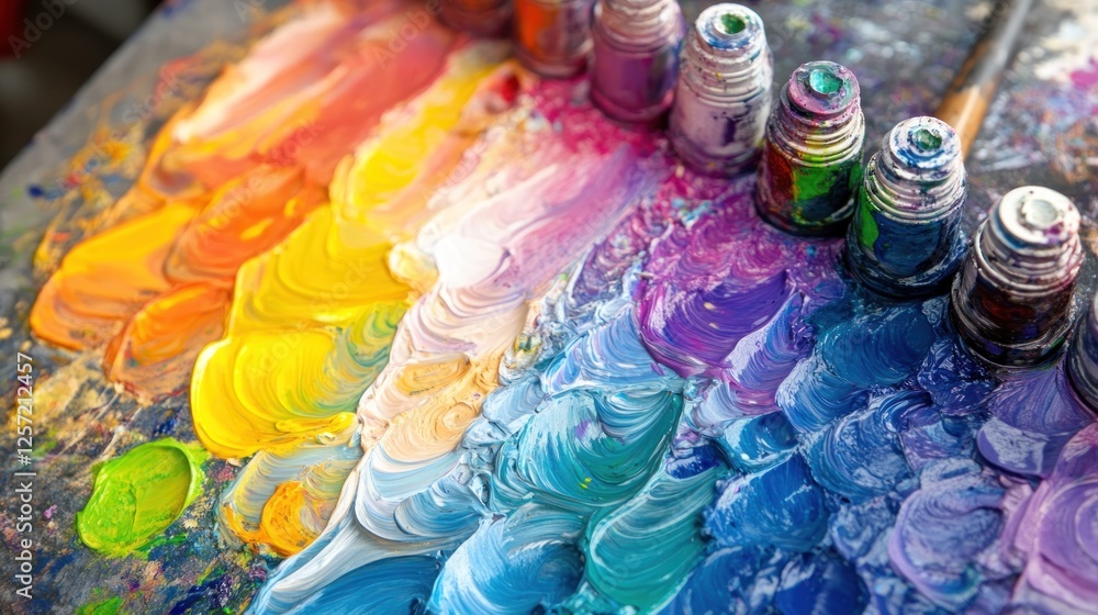 Poster vibrant palette displaying rainbow colors with bottles of paint