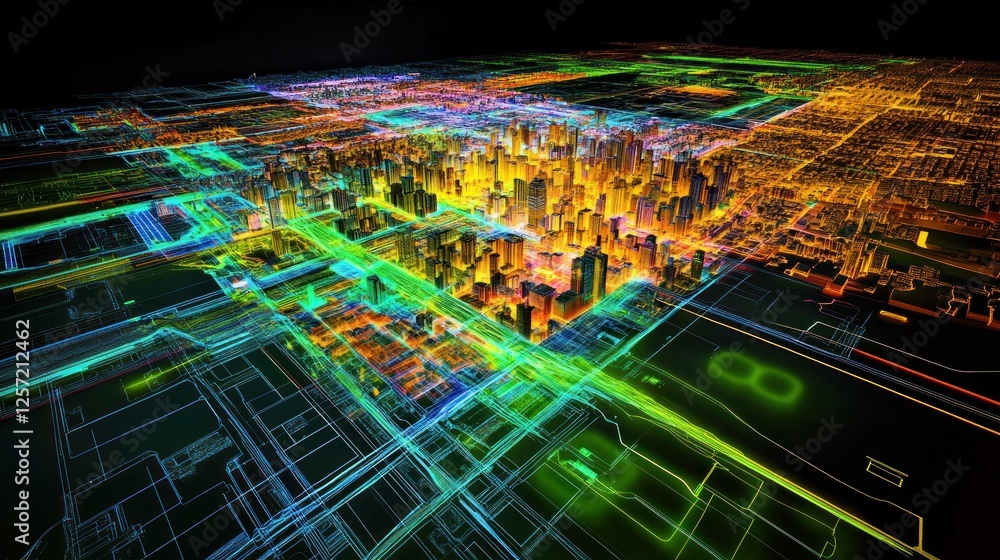 Poster aerial view of digital city with glowing neon grid lines