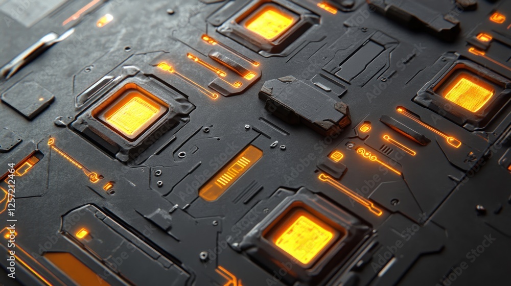 Poster close up of futuristic circuit board with glowing components