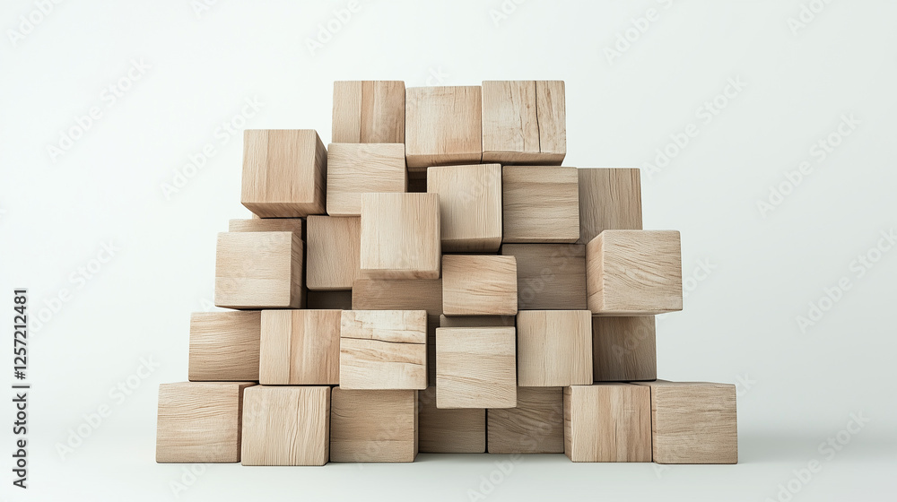 Poster wooden cube stack: a minimalist composition of stacked wooden cubes creating a dynamic and abstract 