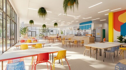 Modern bright cafeteria interior design, sunny day