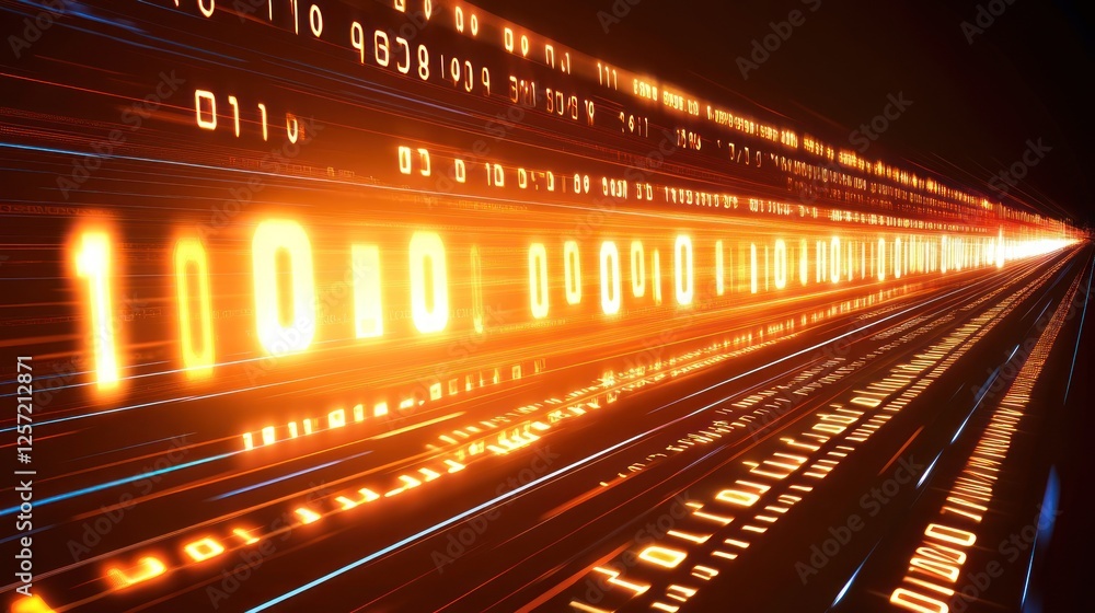 Poster Binary code streams rapidly across a digital landscape