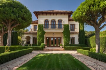 Fototapeta premium Stunning villa with a grand design, green lawn, and perfectly trimmed bushes. 