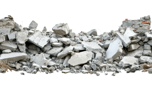 Pile of broken concrete pieces with transparent background for compositing