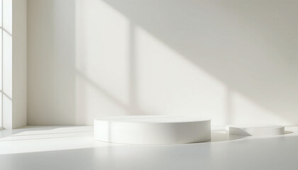 Clean off-white background with a minimalist floating platform, enhanced by soft shadows and gradient lighting to create a high-end display setting for products or branding.