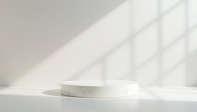 Clean off-white background with a minimalist floating platform, enhanced by soft shadows and gradient lighting to create a high-end display setting for products or branding.