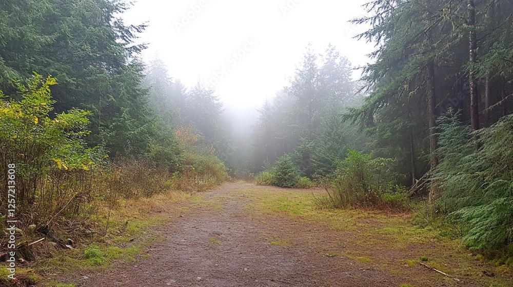 Poster fog hangs heavy in the evergreen forest along a path