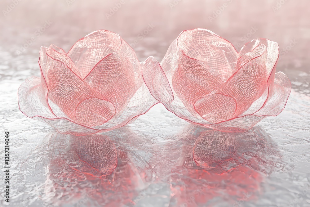Poster polished textured backdrop symmetrically tilts a 3d-rendered wireframe with soft rose borders.