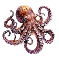 Obraz premium Detailed Watercolor Octopus Illustration Aquatic Life Ocean Animal Underwater Creature Sea Wildlife Realistic Painting Artistic Render Brown Purple 