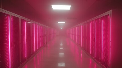 Pink server room hallway lit by neon lights