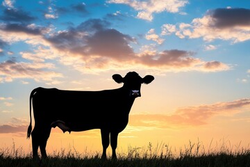 Silhouette of a Cow at Sunset: Serene Rural Landscape, Peaceful Farm Animal, Golden Hour Photography, Dramatic Sky
