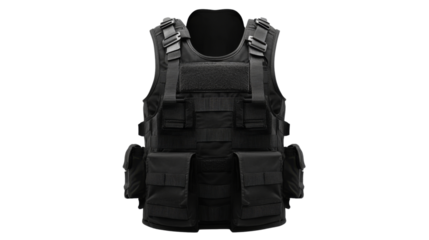Black tactical vest with transparent background isolating security equipment