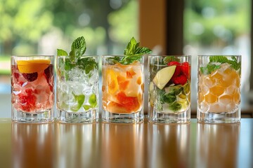 Refreshing Fruit-Infused Iced Drinks with Mint Garnish, Perfect Summer Beverages for Relaxation