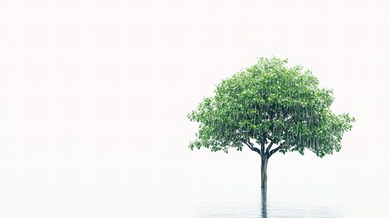 Single Green Tree with Dripping Leaves Under Rainy Background
