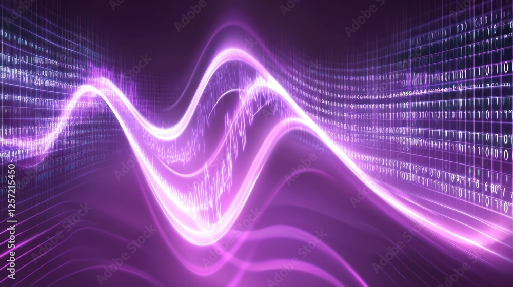 Poster Abstract digital display showcases flowing light waves and binary code