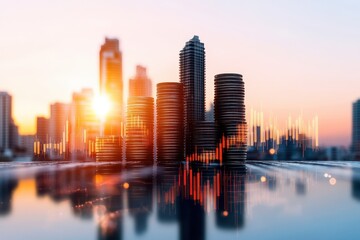 Fototapeta premium Financial City Skyline Sunset Illustration