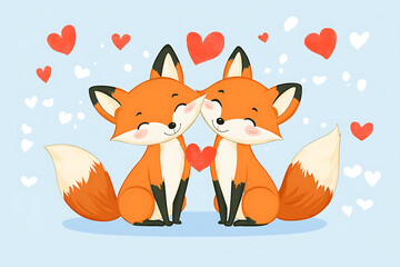 Obraz premium Two adorable cartoon foxes sharing a heart in a playful, colorful setting with floating hearts