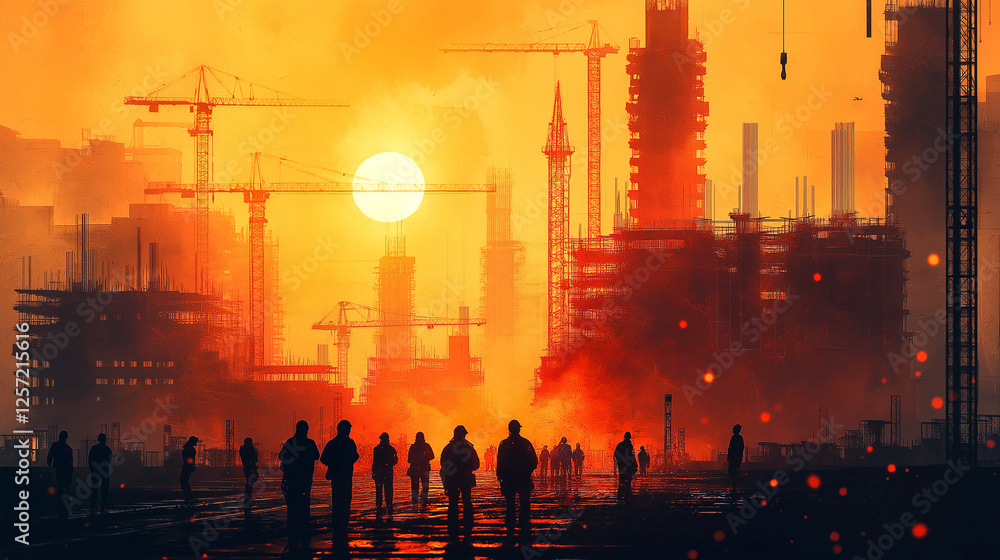 Poster abstract background silhouettes of builders on the background of a construction site with sketch lin
