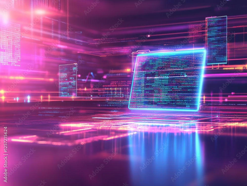 Aufkleber Computer screen illuminated by neon lights against a dark background in a modern workspace setting