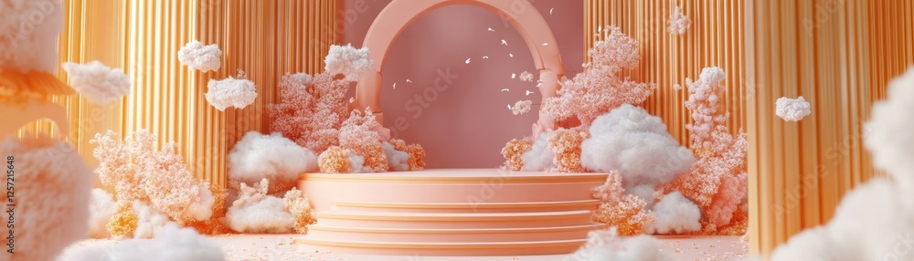 Poster Peach platform surrounded by clouds against vertical line backdrop