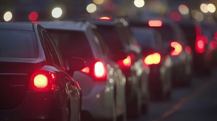 "Busy traffic in Downtown Los Angeles at dusk, with cars moving through city streets, illuminated by street lights and the fading evening sky, capturing the vibrant urban energy and rush hour."