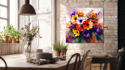 Stunning floral arrangement on a kitchen table, captivating with its vibrant hues and delicate petals. A delightful backdrop for postcards or interior decor, adding a touch of elegance to your home. 