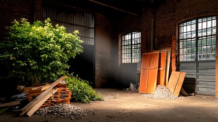 Fototapeta premium Sunlight streaming into an abandoned warehouse, illuminating scattered wood and greenery