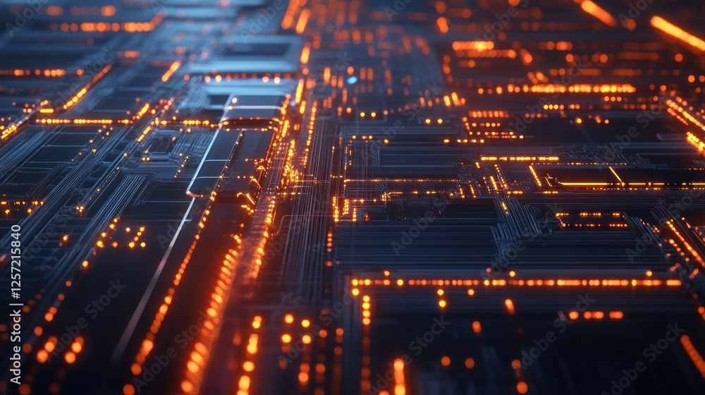 Poster Detailed rendering of a complex futuristic illuminated circuit board
