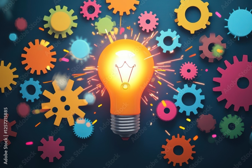 Poster light bulb surrounded by colorful gears and cogs illustrating innovation and creativity in design