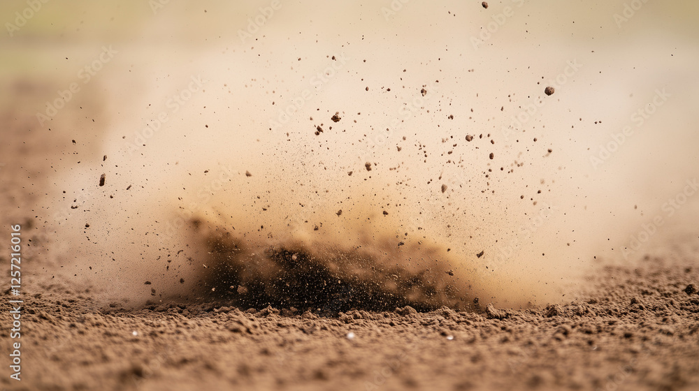 Poster dust cloud explosion: a powerful explosion of dust and dirt erupts from the ground, creating a mesme