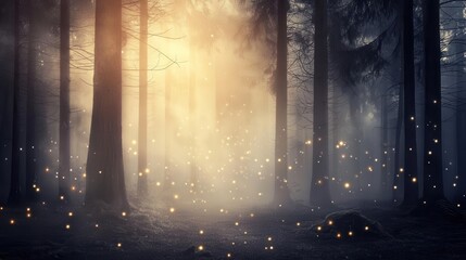 A forest background image showcasing A mystical forest with tall trees, misty air, and glowing fireflies creating an ethereal atmosphere