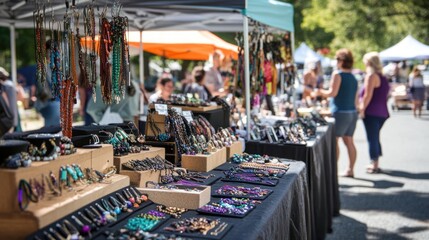 Jewelry displayed at an outdoor market under tents on tables