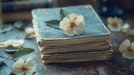 Fototapeta premium Mockup Aesthetic Stack of Colorful Books with a Delicate Flower on Top Set Against a Soft Background Evoking a Cozy and Inviting Reading Atmosphere Valentine