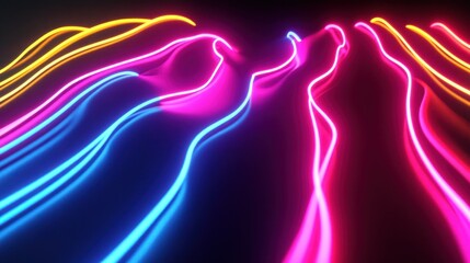 Wavy neon lines flowing across a dark surface glow brightly