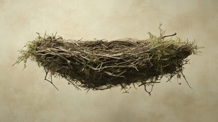 Empty bird's nest, neutral background, studio shot, nature, ideal for a children's book