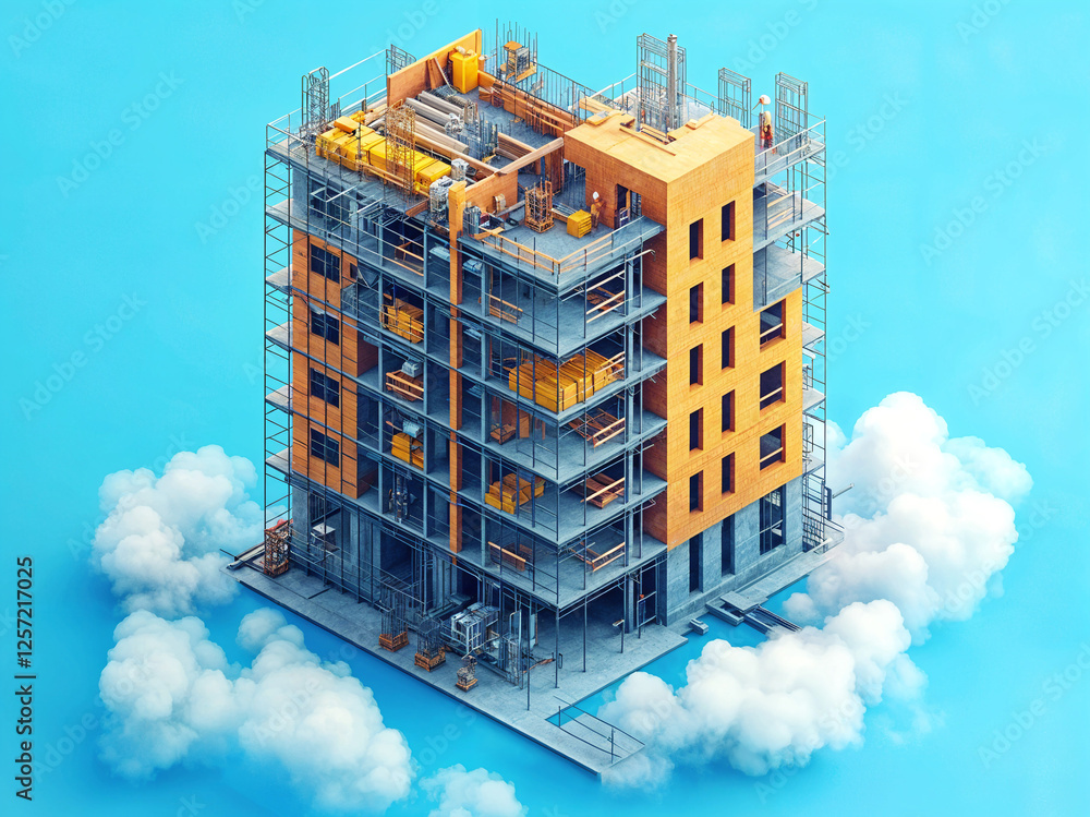 Poster 3d isometric model of industrial building . generative ai . generative ai