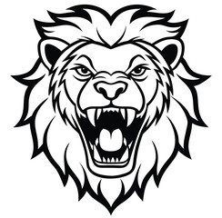 Monochrome Roaring Lion Front Face Design Logo Style Vector Illustration Silhouette on White Background for Tattoo Photo Overlays T-shirt Print Flyer Poster Design